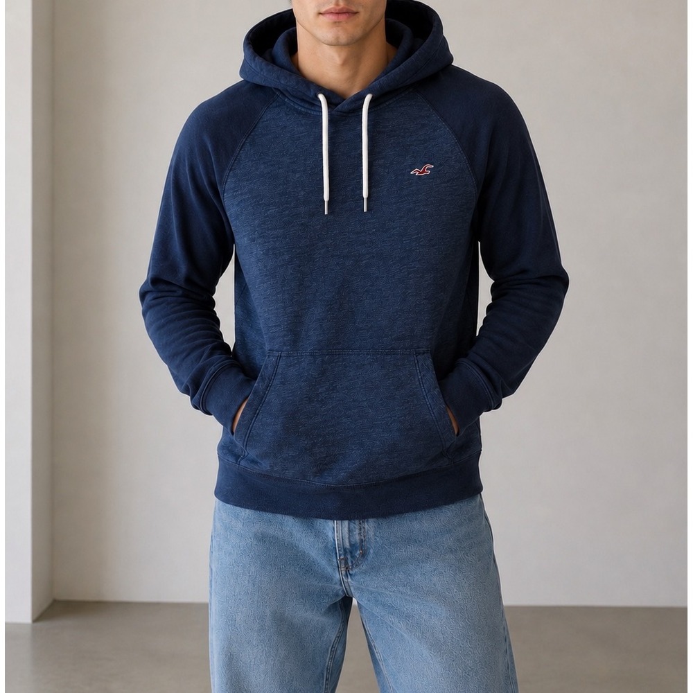 Hollister Mens Hoodie Navy Blue Raglan Sleeve Pullover Logo Sweatshirt Medium